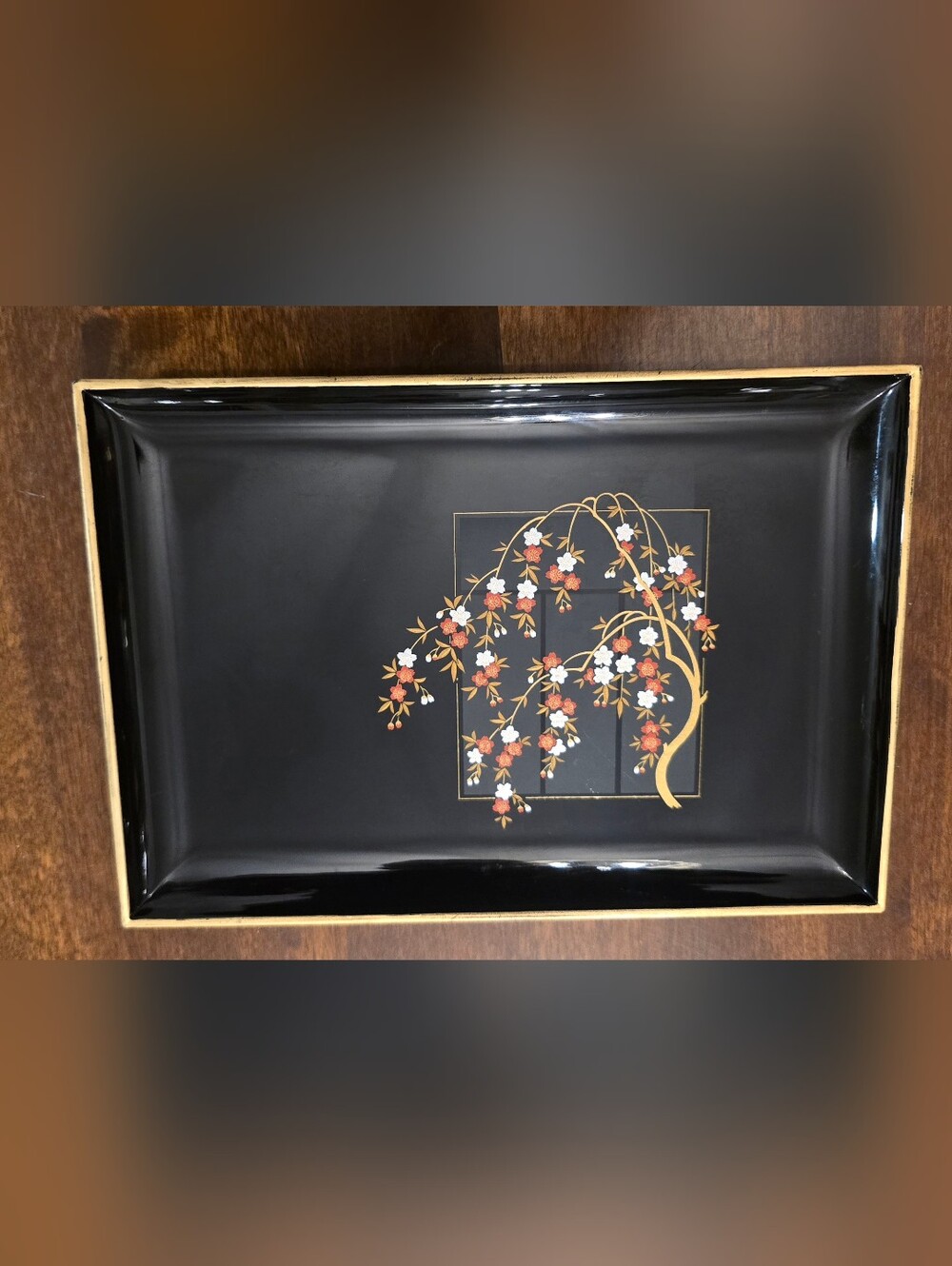 Otagiri Vintage Japanese Black Lacquerware Serving Tray with Floral Weeping Tree